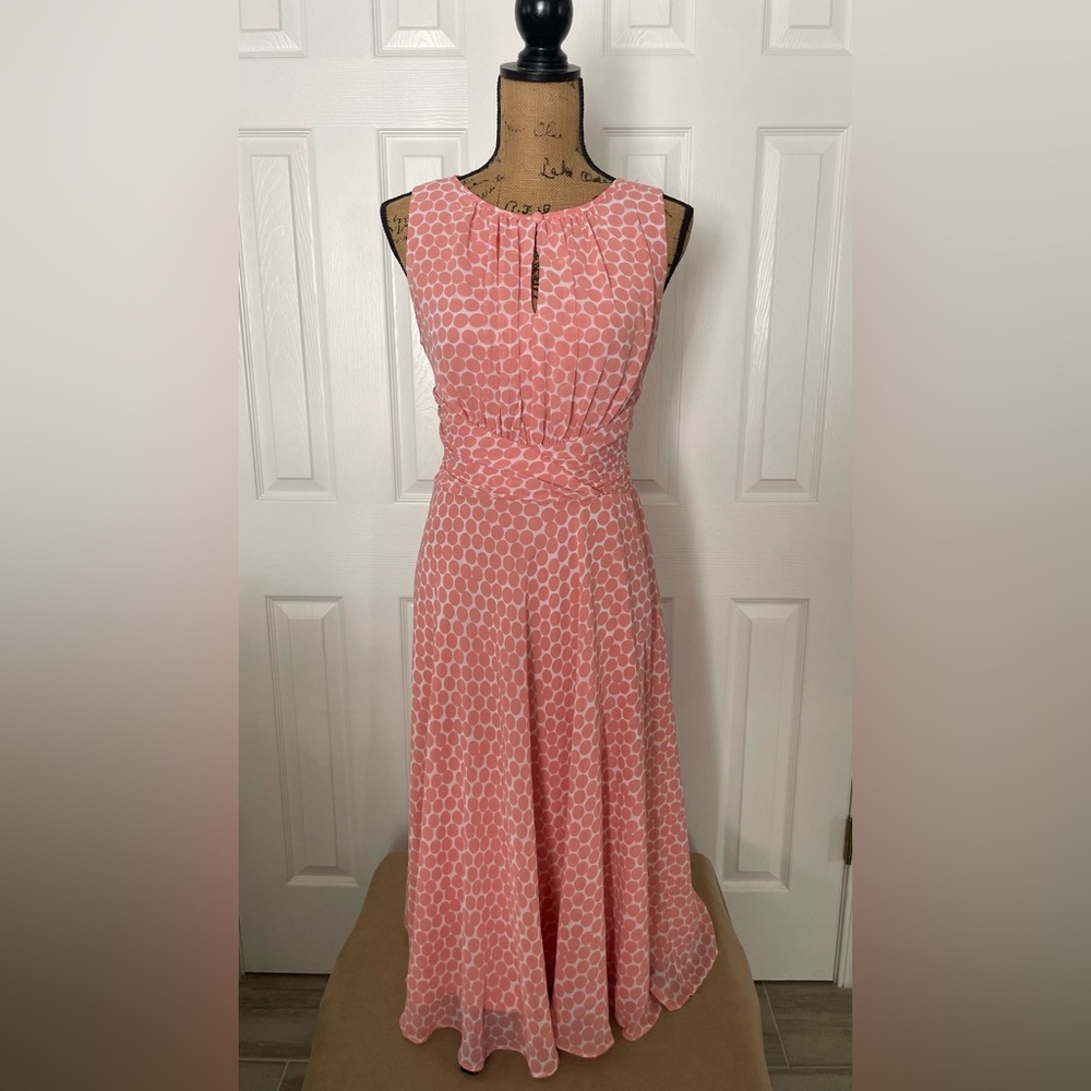 Vintage-Inspired Pink Polka Dot Midi Dress – Size 10 – Romantic & Flowy